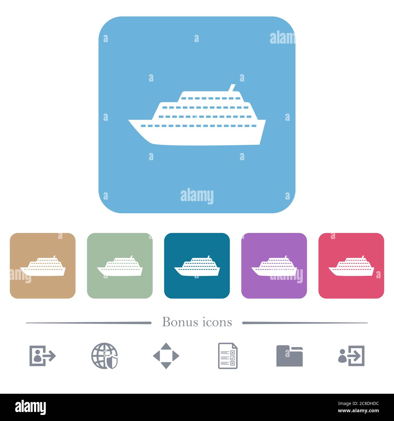Cruise ship white flat icons on color rounded square backgrounds. 6 ...