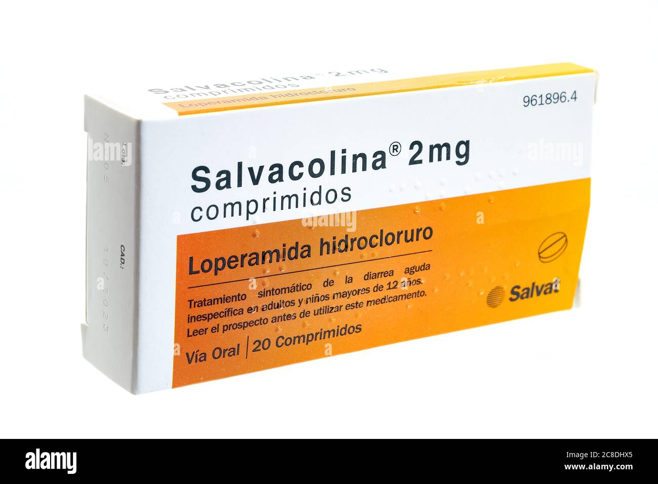 Huelva, Spain - July 23, 2020: Spanish Box of Salvacolina. loperamide hydrochloride.Is a medicine to treat diarrhoea (runny poo).It can help with shor Stock Photo
