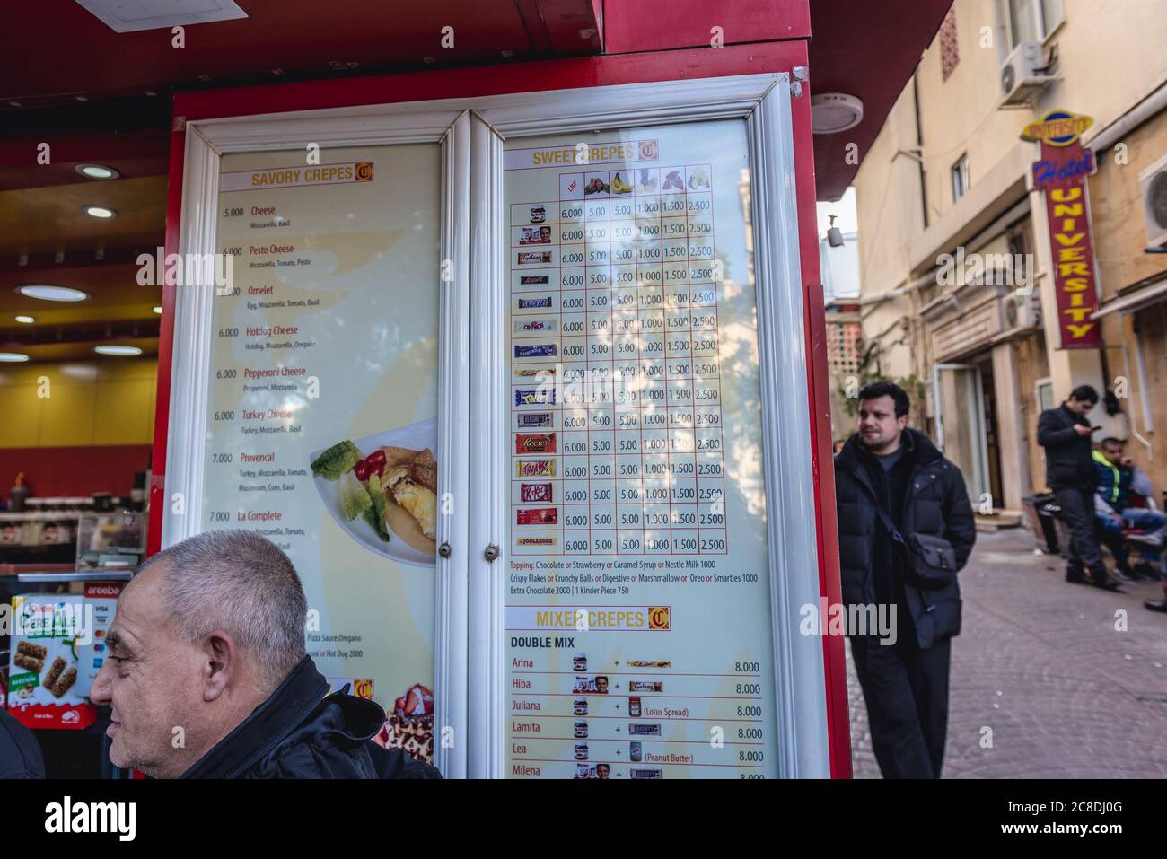 Bar menu with variety of sweet crepes in Hamra neighborhood of Beirut, Lebanon Stock Photo