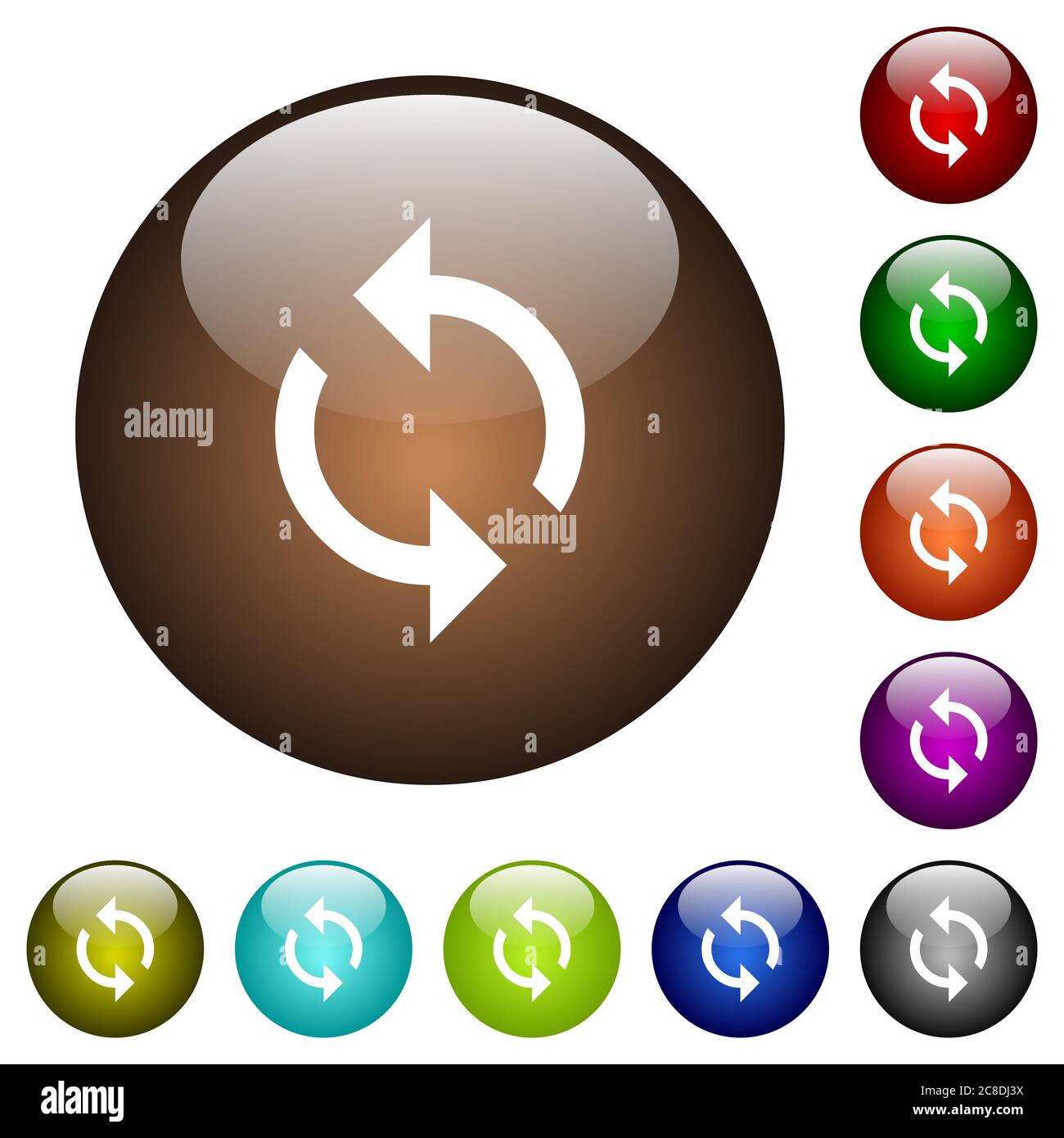 Programming loop white icons on round glass buttons in multiple colors ...