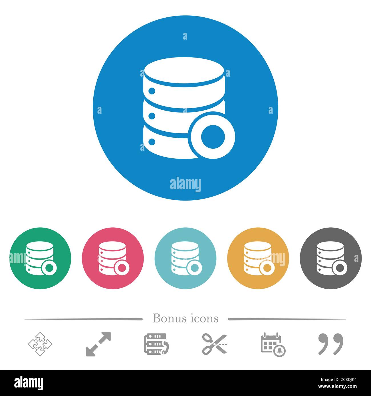 Database macro record flat white icons on round color backgrounds. 6 ...