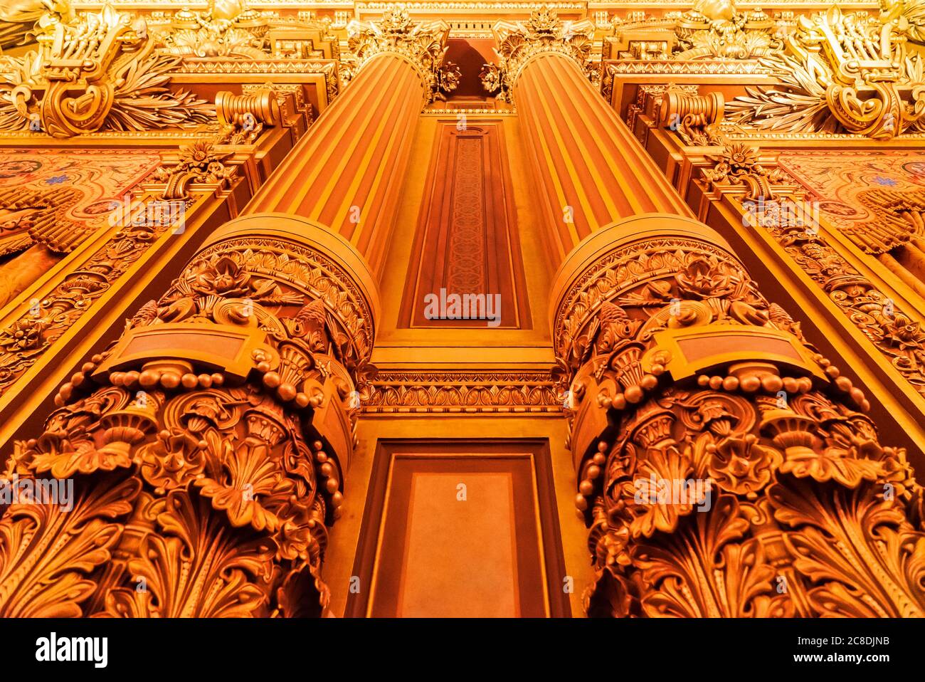 Paris, France - November 14, 2019: Wall and columns of the Opera National de Paris Garnier lobby of the main staircase. View from the floor Stock Photo
