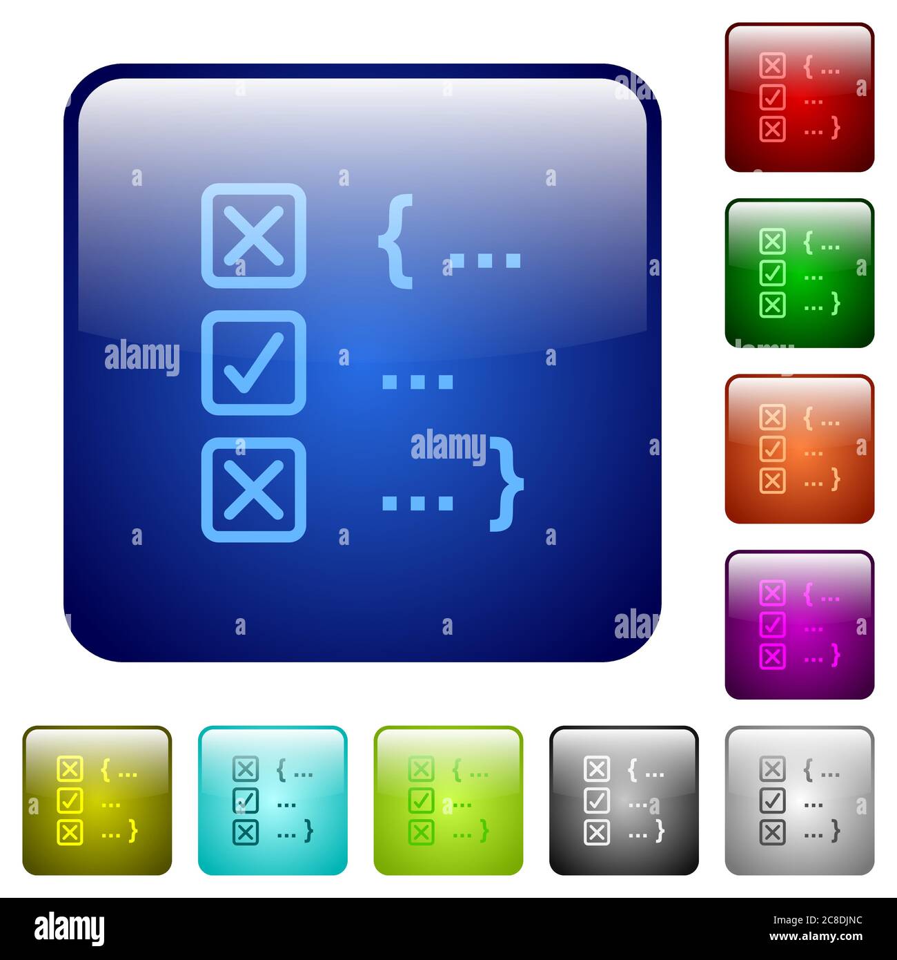 Source code checking icons in rounded square color glossy button set ...