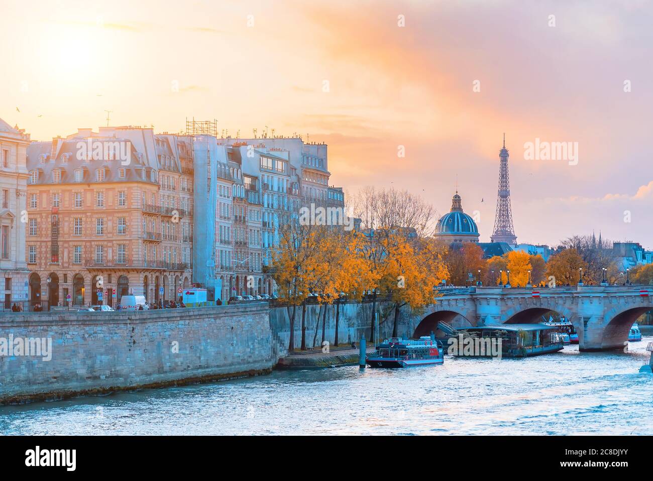View on Siene river, Institut de France and Eiffel tower. Autumn city Paris, France. Beautiful Paris architecture. Stock Photo