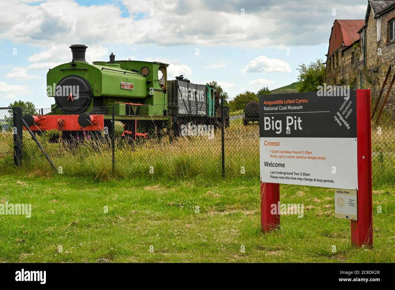 Blaenavon, Wales - July 2020: Sign outside the Big Pit museum in Blaenavon. It is a popular visitor attraction showing the area's industrial heritage Stock Photo