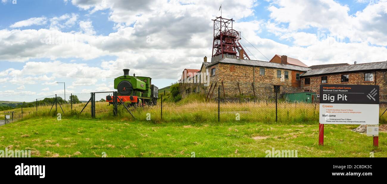 Blaenavon, Wales - July 2020: Panoramic view of Big Pit museum in Blaenavon. It is a popular visitor attraction showing the area's industrial heritage Stock Photo