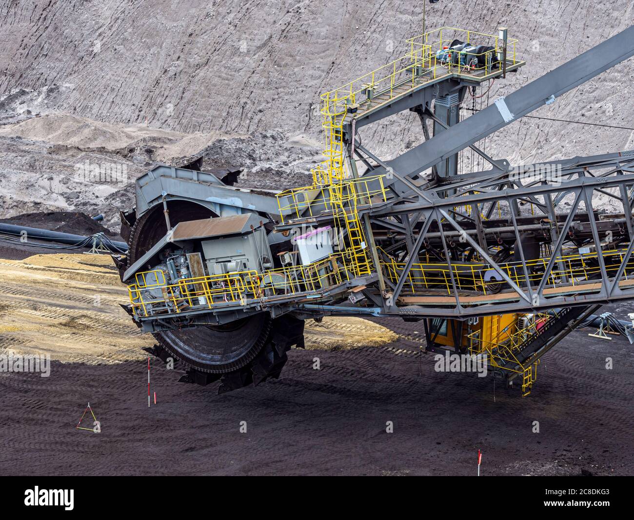 Brown coal mining operations at Welzow Süd, one of the largest operational German open cast brown coal lignite mines near Cottbus in the state of Bran Stock Photo