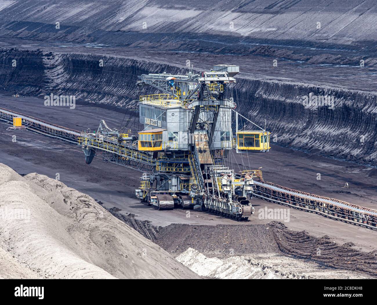 Brown coal mining operations at Welzow Süd, one of the largest operational German open cast brown coal lignite mines near Cottbus in the state of Bran Stock Photo