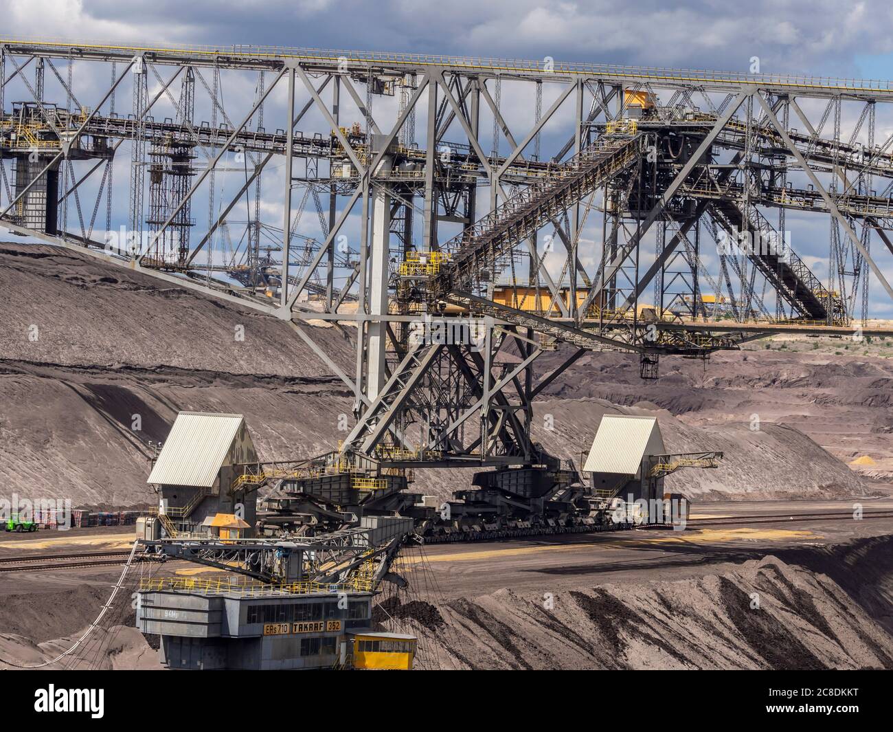 Brown coal mining operations at Welzow Süd, one of the largest operational German open cast brown coal lignite mines near Cottbus in the state of Bran Stock Photo