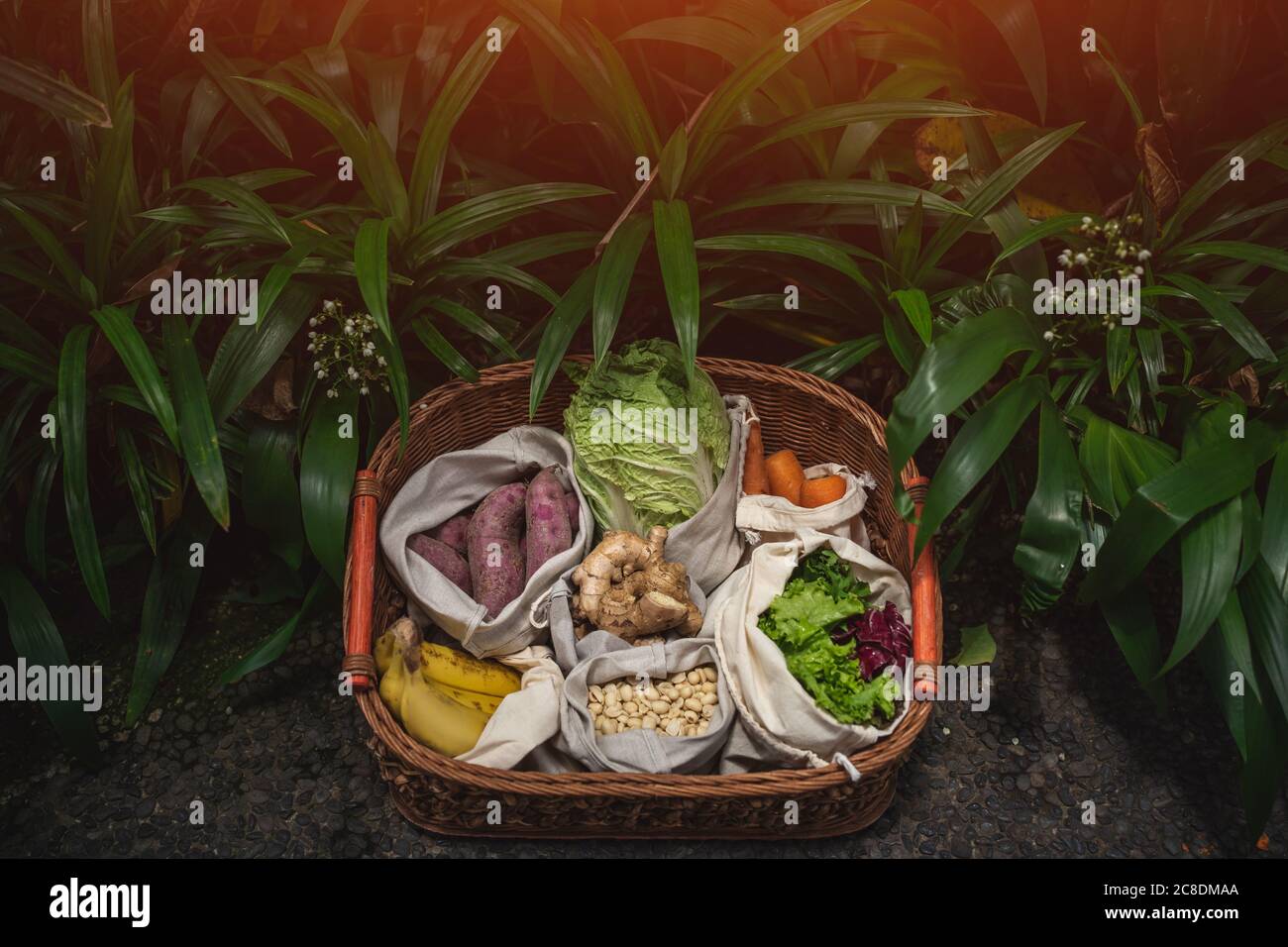 eco friendly and reusable zero waste cotton bags in basket Stock Photo