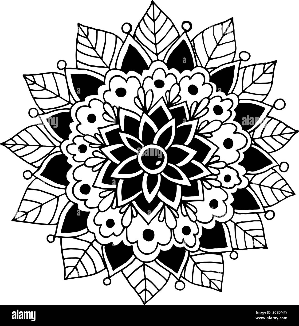 Floral doodle mandala with leaves. Ink black and white outline drawing ...