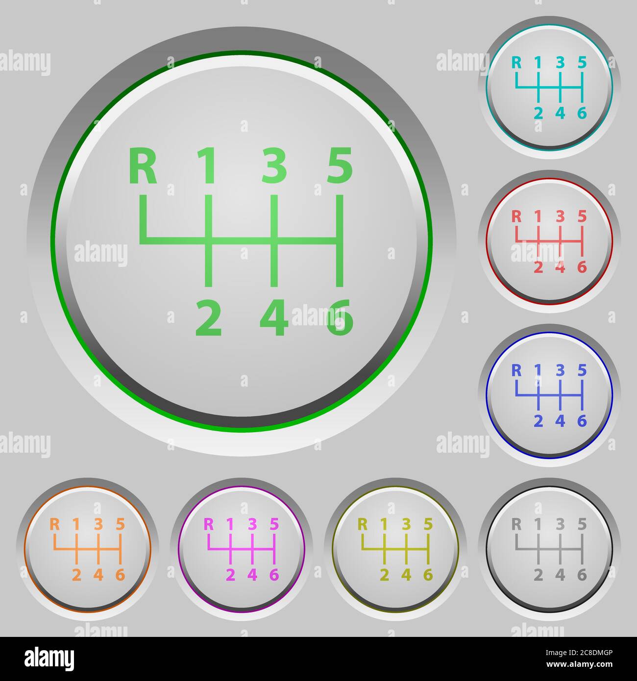 Six speed manual gear shift color icons on sunk push buttons Stock