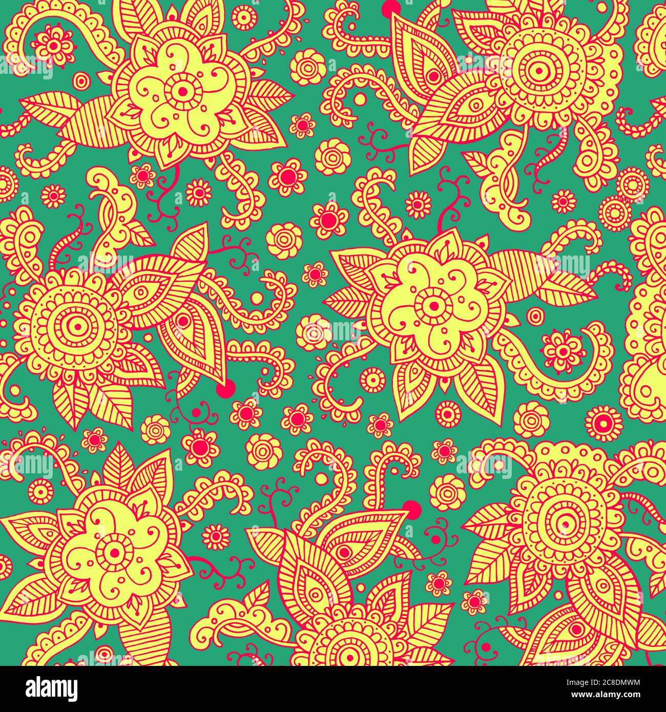 Boho mehndi ornament on green backdrop. Henna mehndi psychedelic tribal  patten background for print, design, textile, fabric. Vector illustration  Stock Vector Image & Art - Alamy