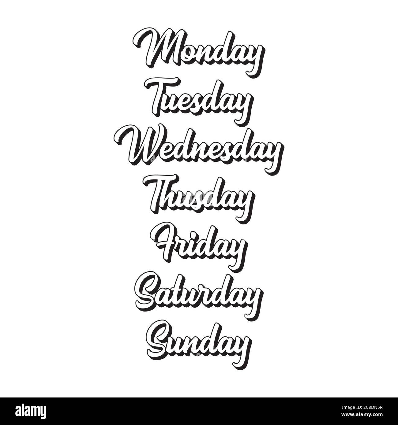 Days of the week. Set of stylized words. Sunday, Monday, Tuesday, Wednesday,  Thursday, Friday, Saturday lettering. Vector illustration Stock Vector  Image & Art - Alamy