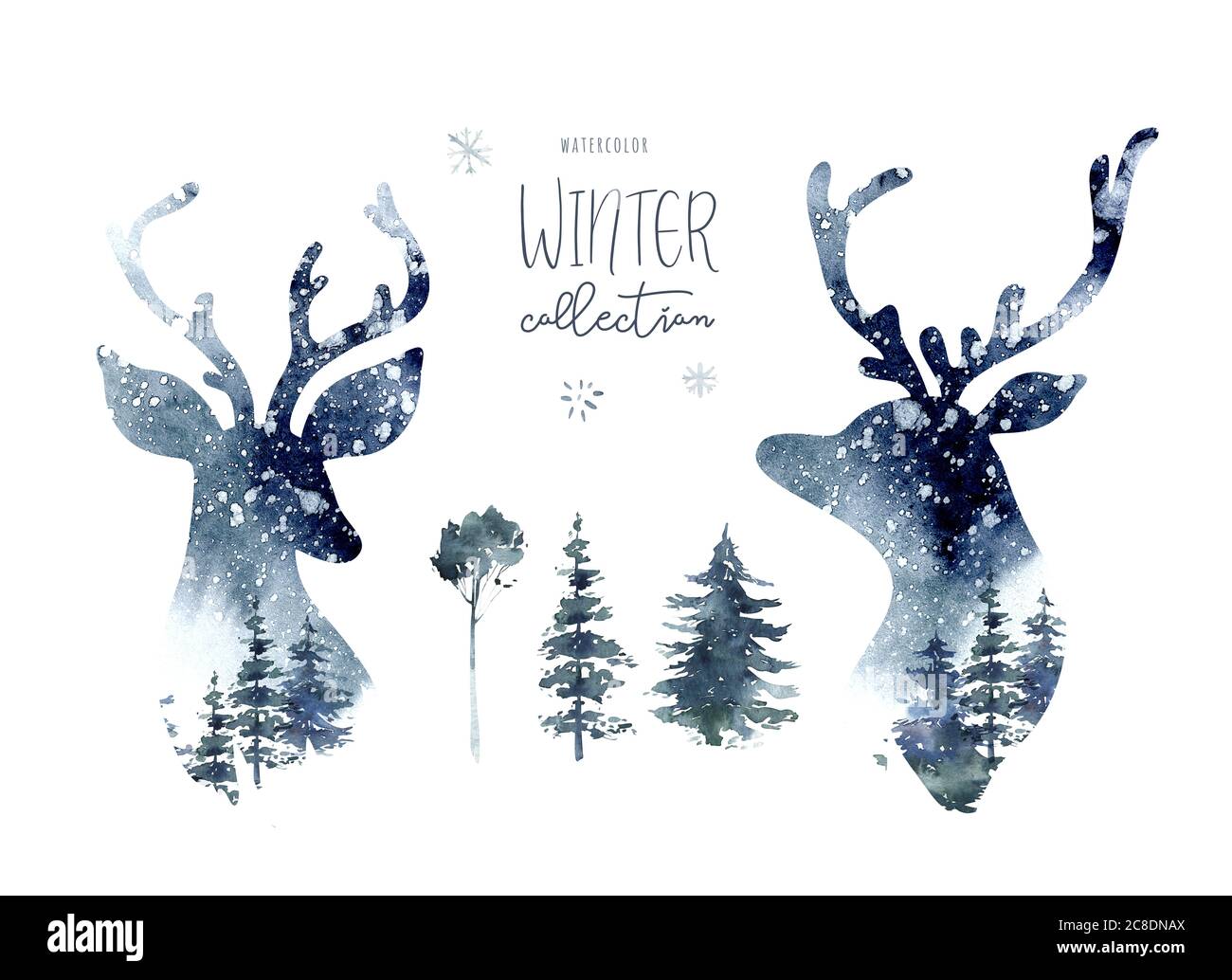 Watercolor Winter Forest With Deer Head Christmas Tree Landscape With