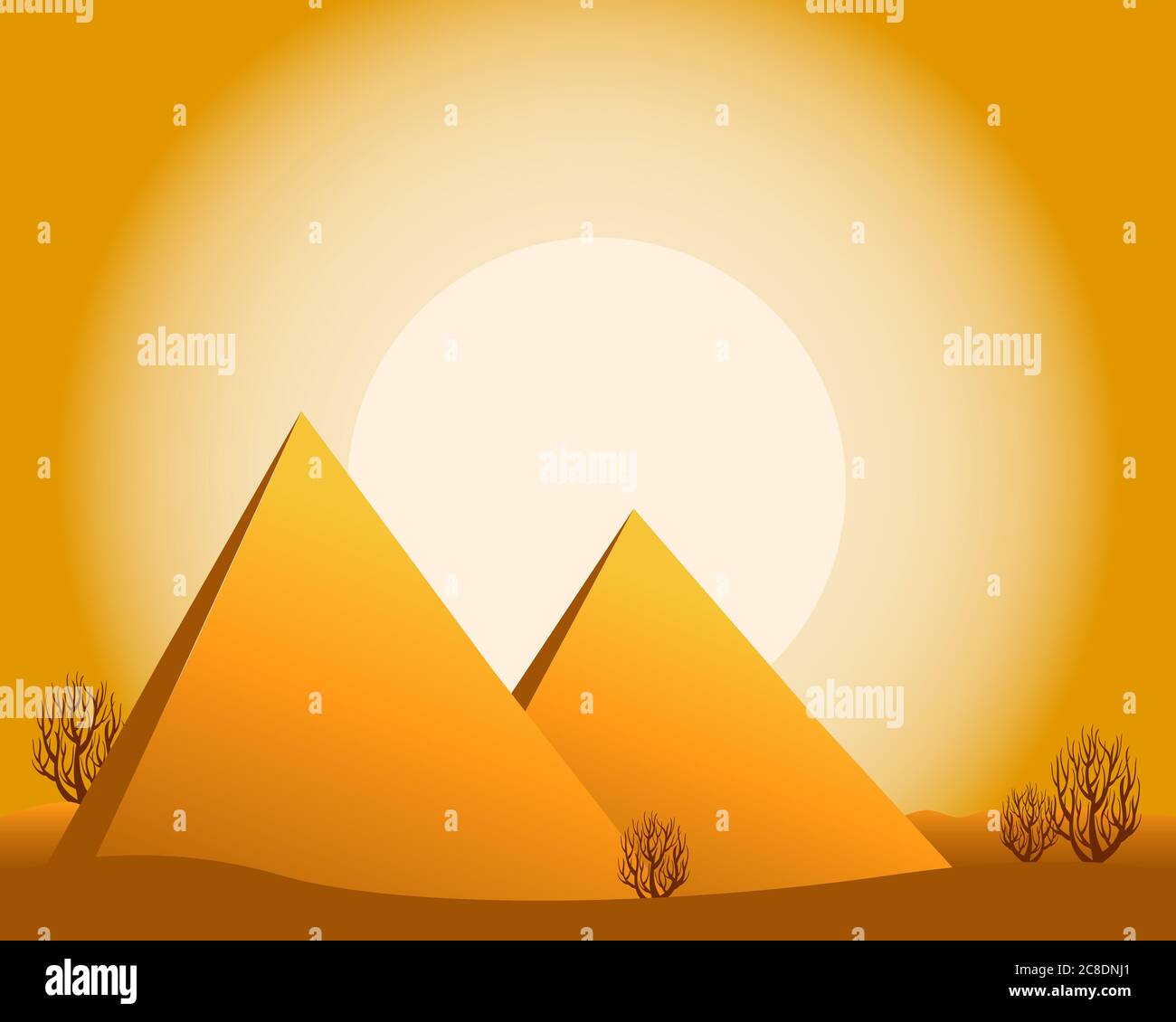 vector illustration of a desert with sun, pyramids, bushes Stock Vector ...