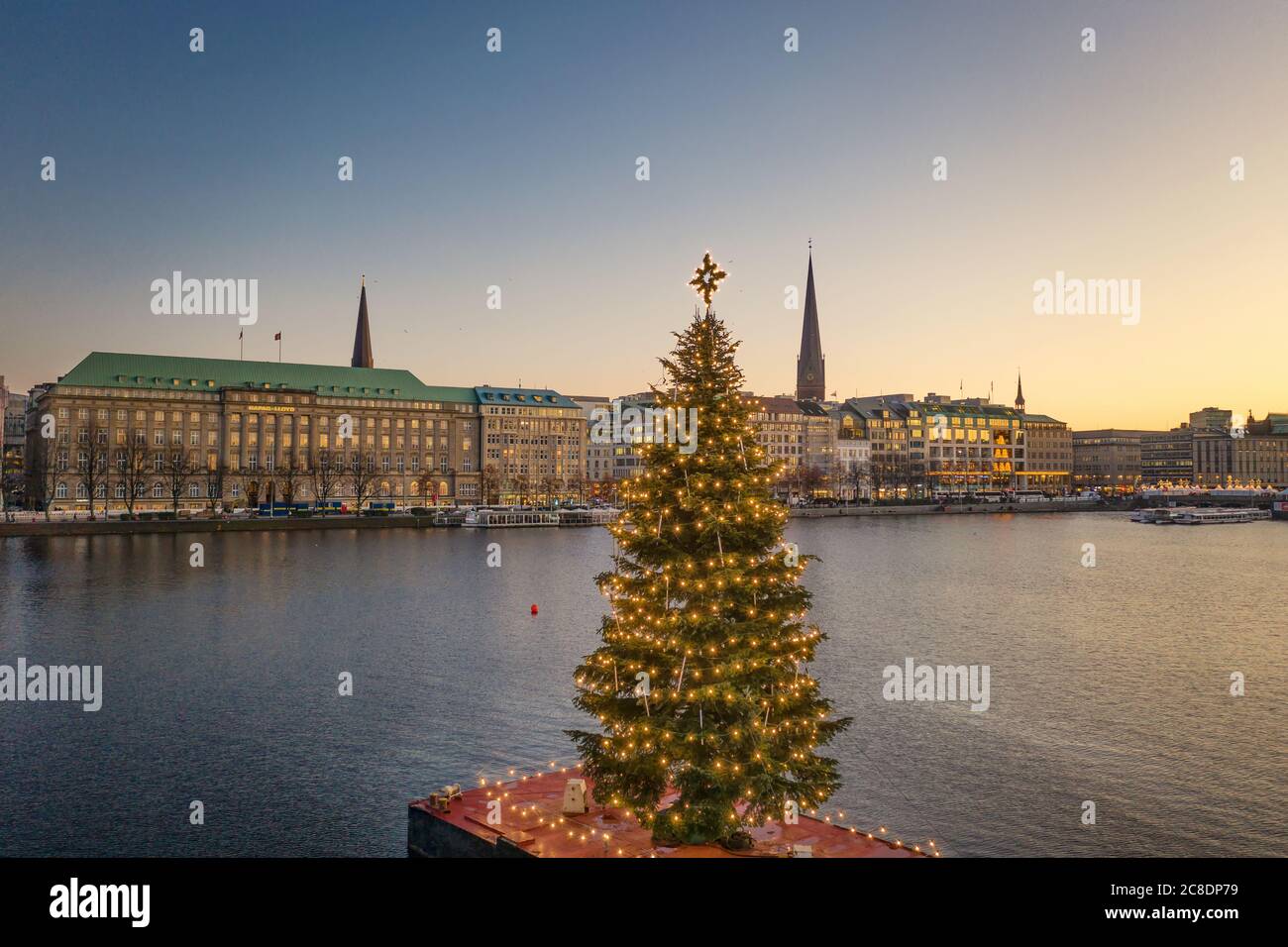 christmas tree on alster lake in Hamburg Stock Photo