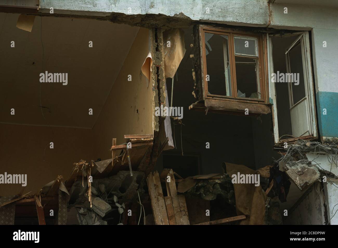 Demolition of a building recognized as emergency housing Stock Photo