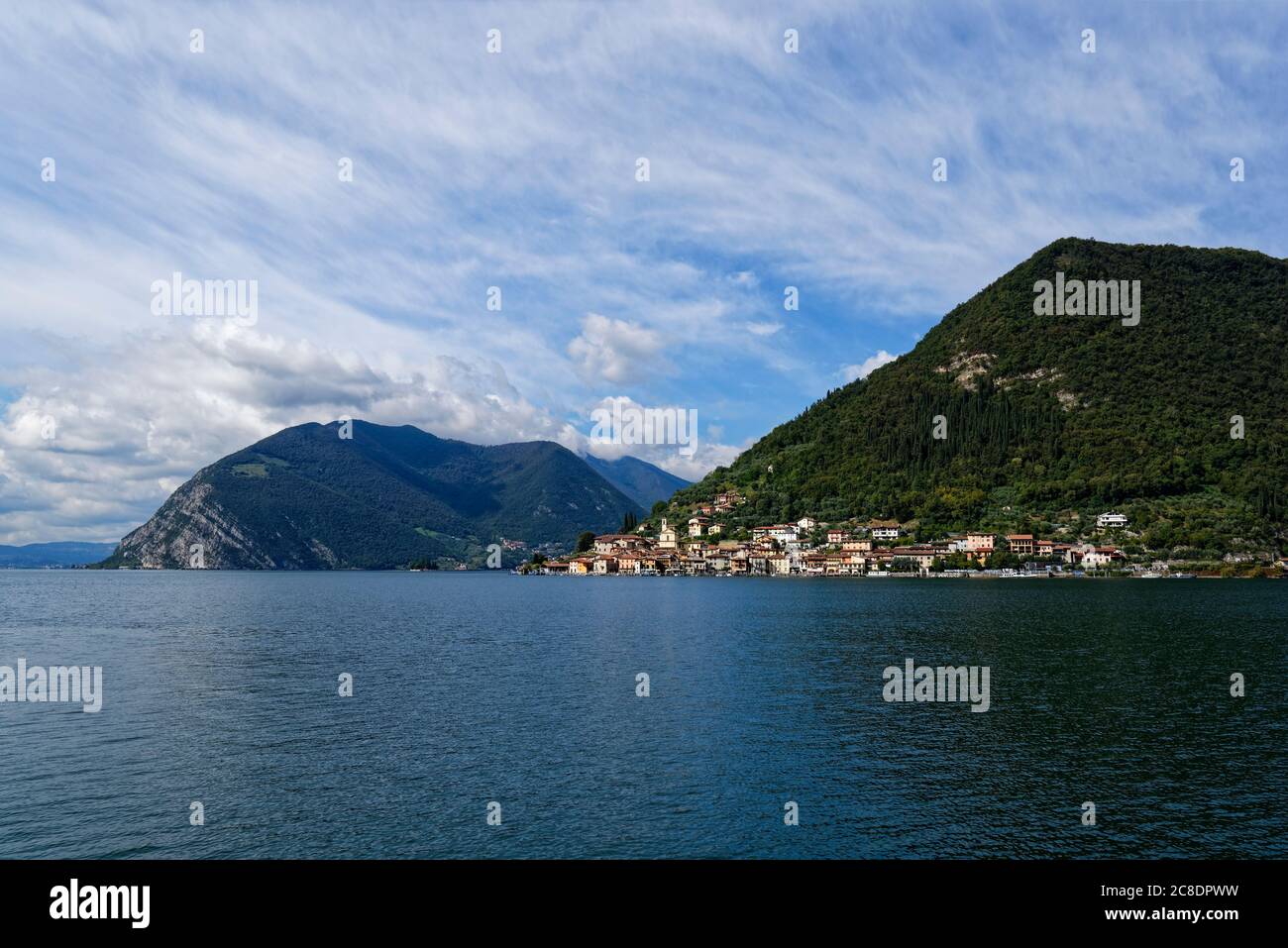Italy, Lombardy, Monte Isola, Sulzano, Lake Iseo surrounded with mountains Stock Photo