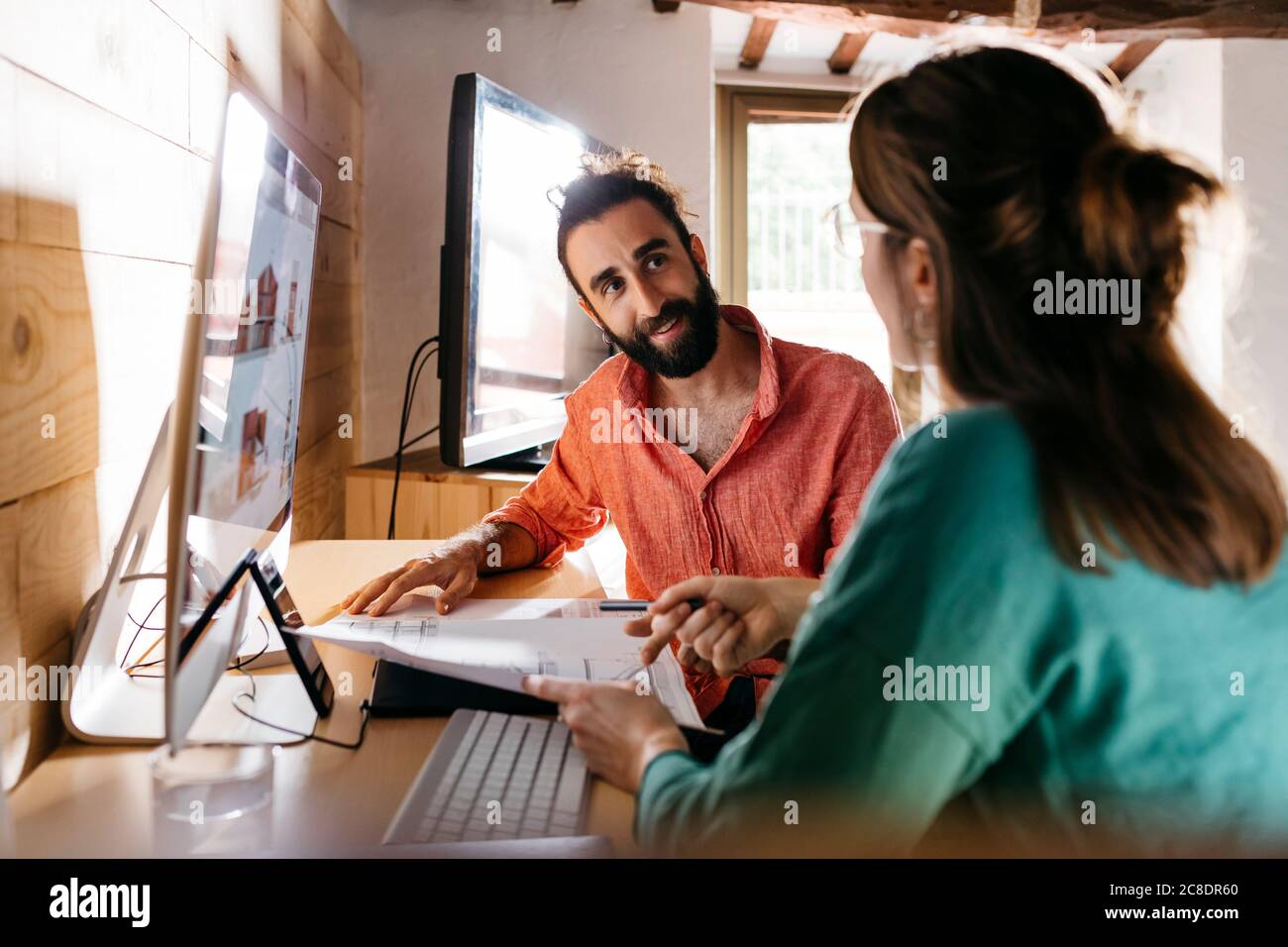 Young architects couple working at home Stock Photo