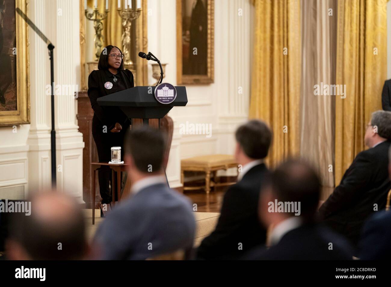 Washington, United States Of America. 22nd July, 2020. Washington, United States of America. 22 July, 2020. Charron Powell, mother of four-year-old LeGend Taliferro, killed by stray gunfire while sleeping speaks during the announcement of Operation Legend, to combat violent crime in the East Room of the White House July 22, 2020 in Washington, DC Trump plans to send federal law enforcement to cities around the country in what is widely viewed as an attempt to suppress Black Lives Matter protests. Credit: Tia Dufour/White House Photo/Alamy Live News Stock Photo