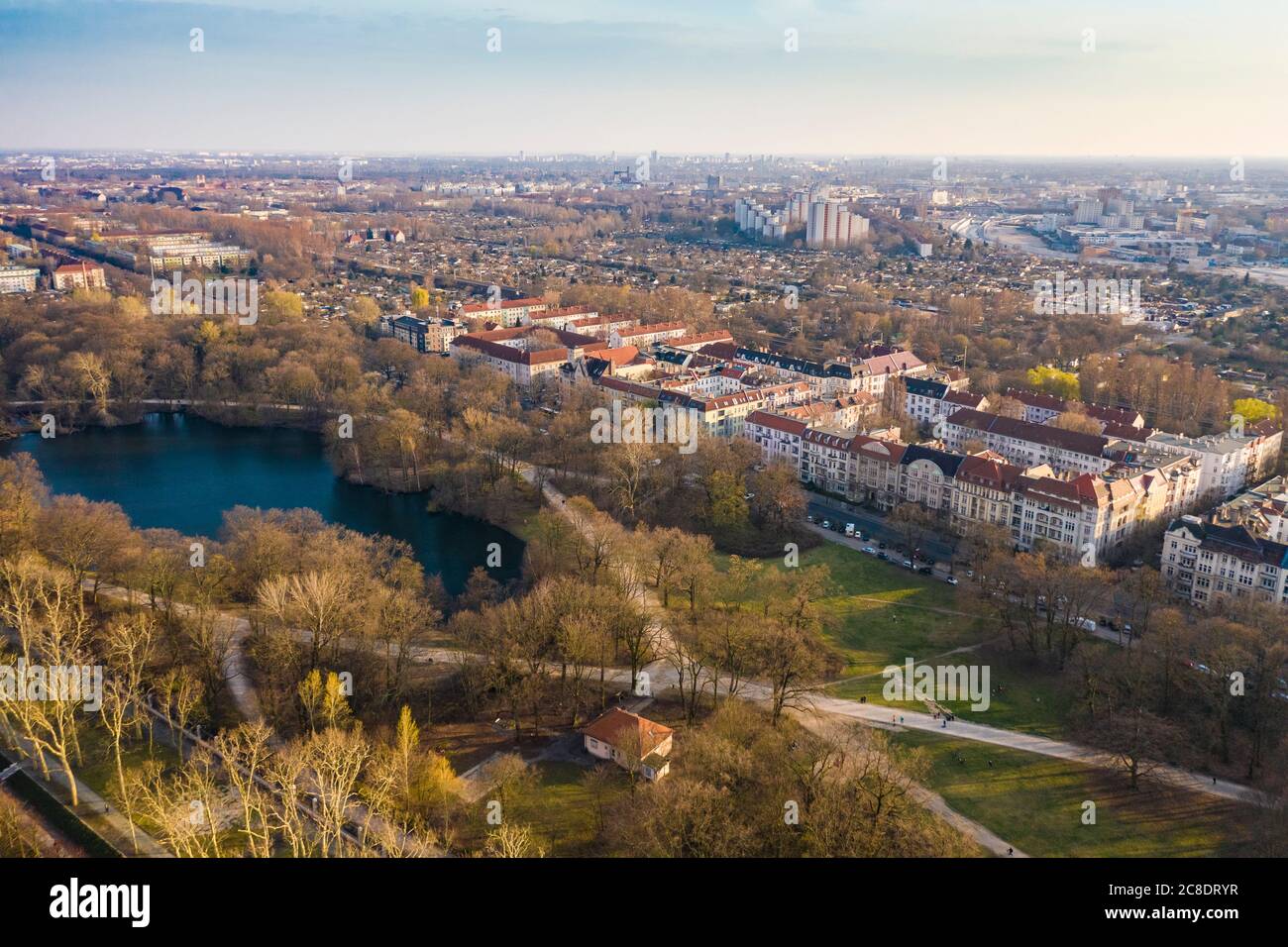 Germany, Berlin, Aerial view of pond at edge of Treptower Park in autumn Stock Photo