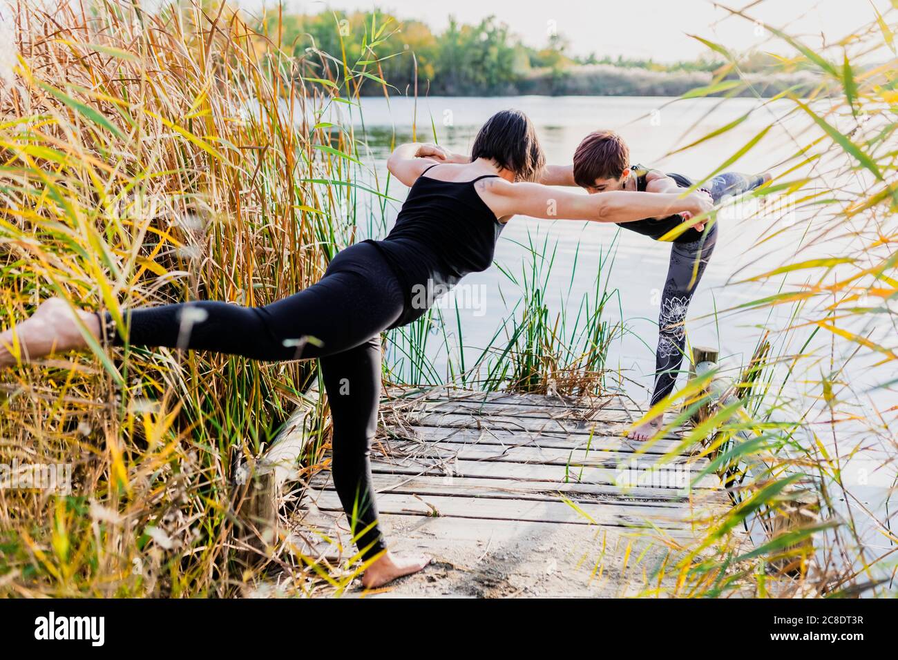Female friends practicing warrior 3 pose on pier against lake Stock Photo