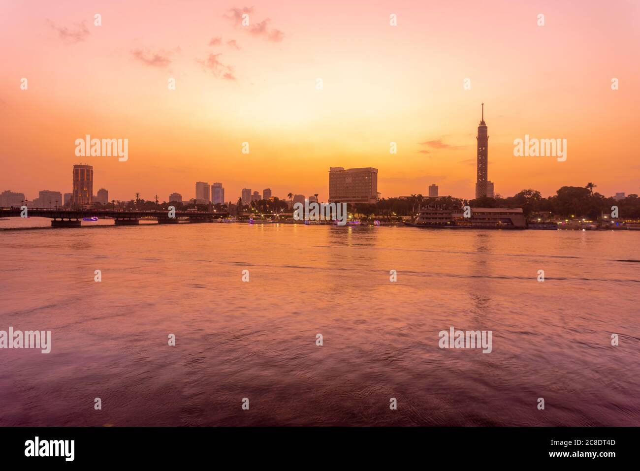Egypt, Cairo, Cairo Tower on Gezira Island seen across river Nile at ...
