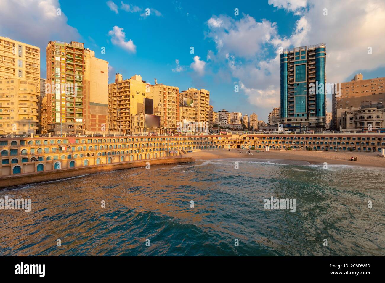 Egypt, Alexandria, Cityscape with Stanley beach at sunset Stock Photo
