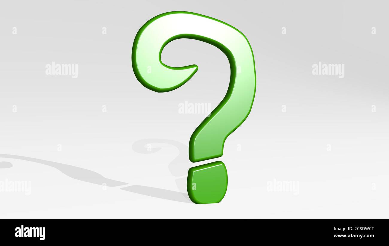 QUESTION MARK stand with shadow. 3D illustration of metallic sculpture