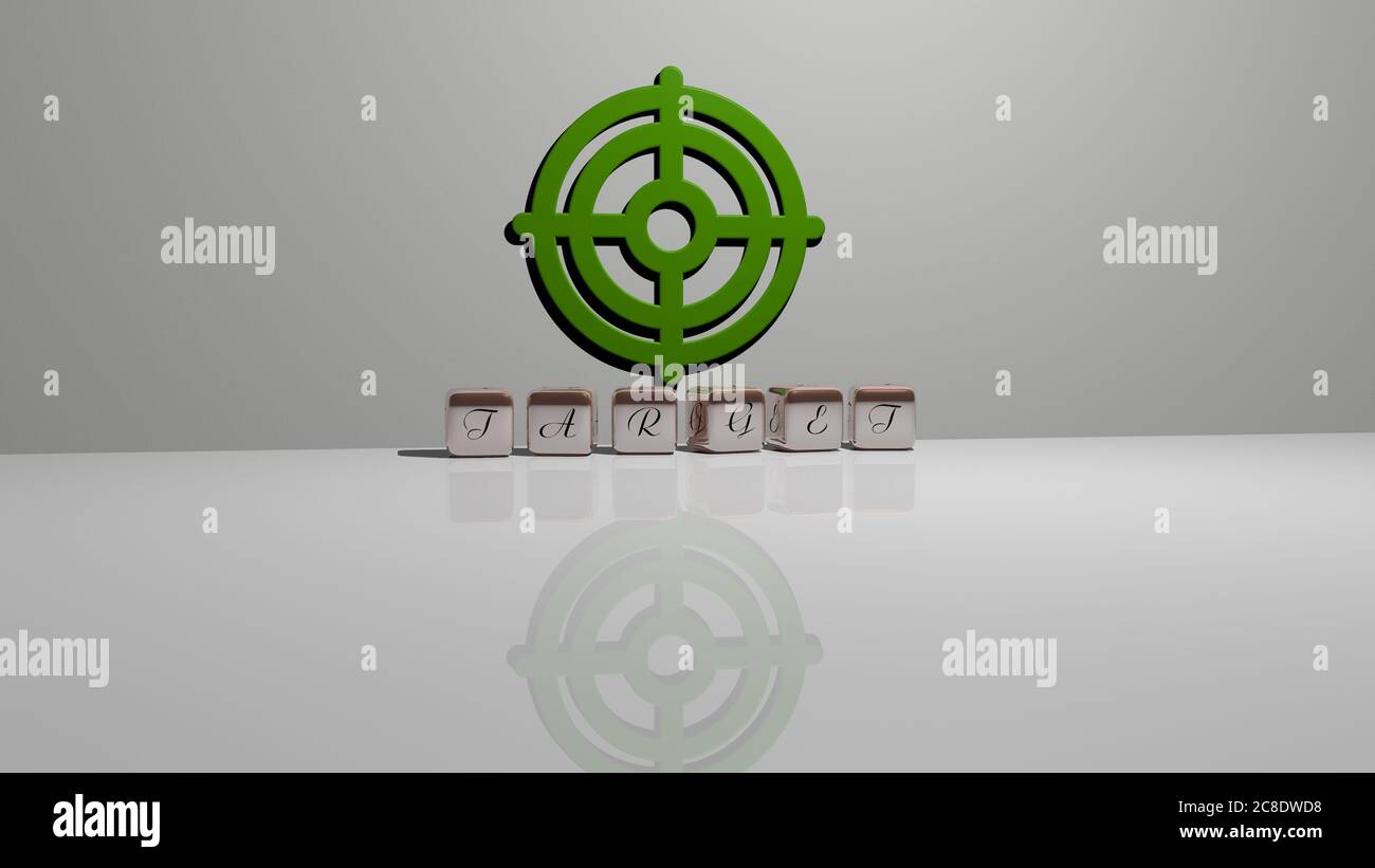 3D illustration of target graphics and text made by metallic dice ...
