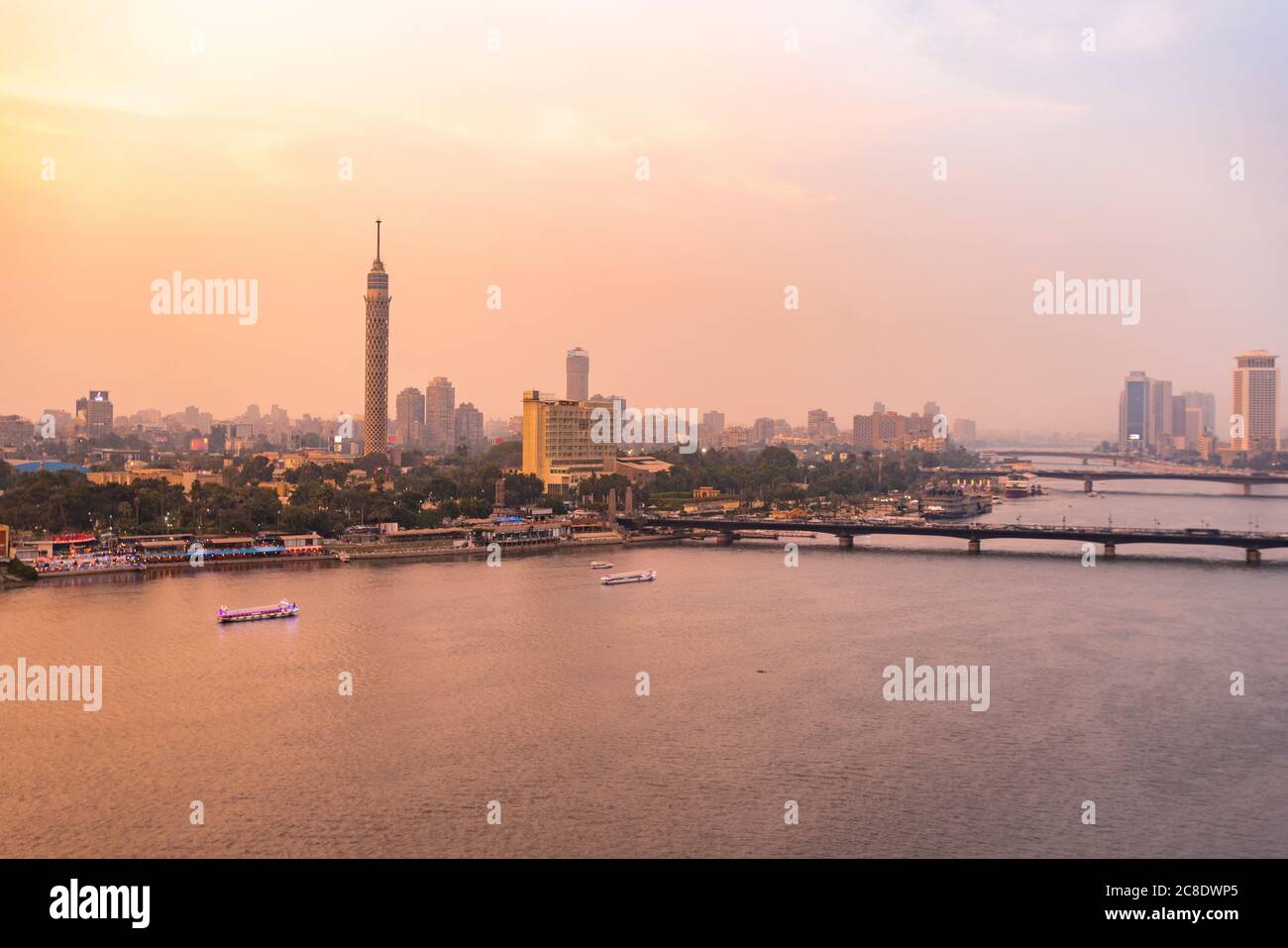 Egypt, Cairo, Nile with the Cairo Tower on Gezira Island at sunset Stock Photo