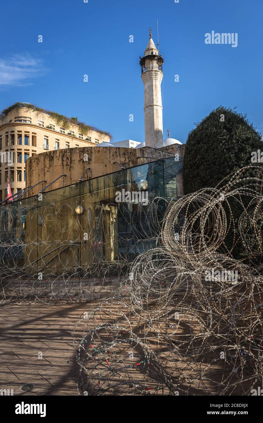 Barbed wires next to Amir Assaf Mosque near Nijmeh Square left after October Revolution - 2019-2020 protests in Beirut, Lebanon Stock Photo