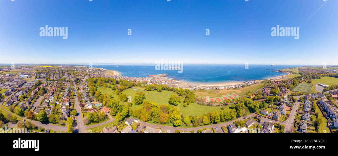 UK, Scotland, North Berwick, Drone view of coastal town in summer Stock Photo