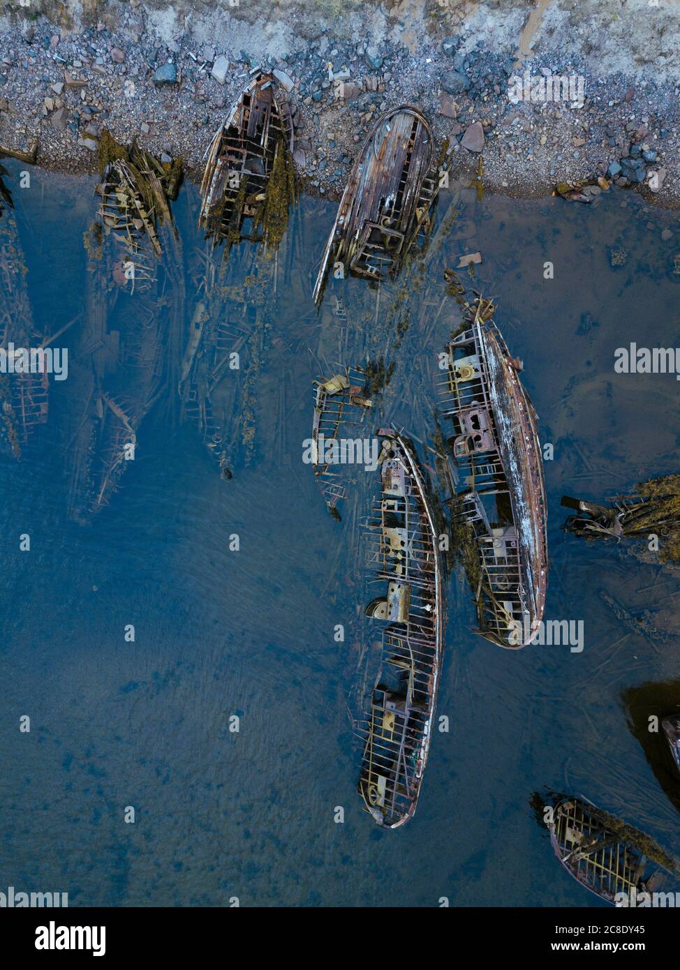 Russia, Murmansk region, Kolsky District, Teriberka, Shipwrecks on Barents Sea coast, aerial view Stock Photo