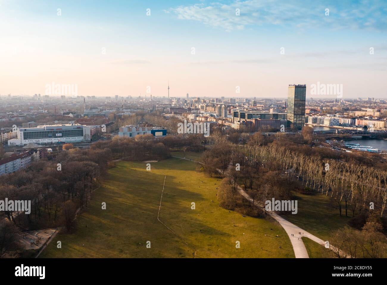 Germany, Berlin, Aerial view of Treptower Park in autumn with city buildings in background Stock Photo