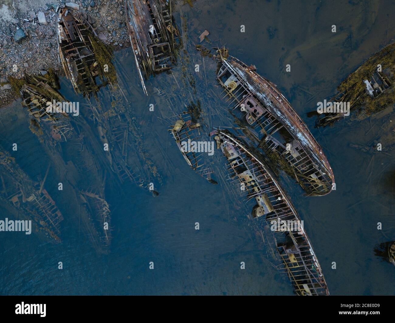 Russia, Murmansk region, Kolsky District, Teriberka, Shipwrecks on Barents Sea coast, aerial view Stock Photo