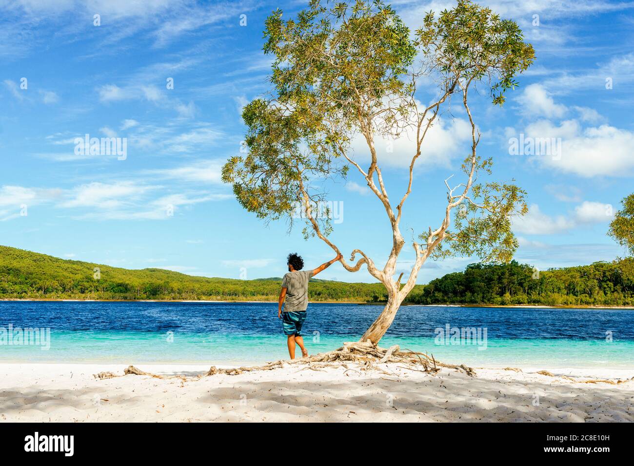 Man looking at Lake Mckenzie against sky, Fraser Island, Queensland, Australia Stock Photo