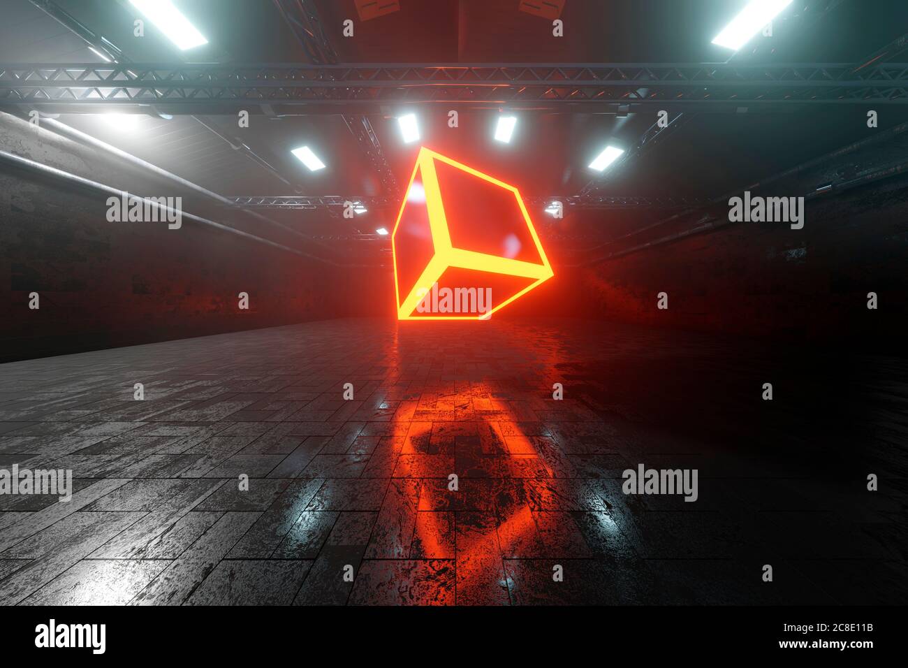 Three dimensional render of glowing cube inside dark warehouse Stock ...