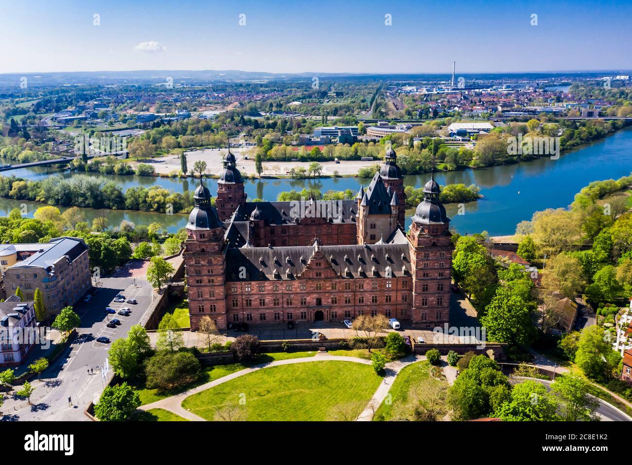 Germany, Bavaria, Aschaffenburg, Helicopter view of Johannisburg Castle ...