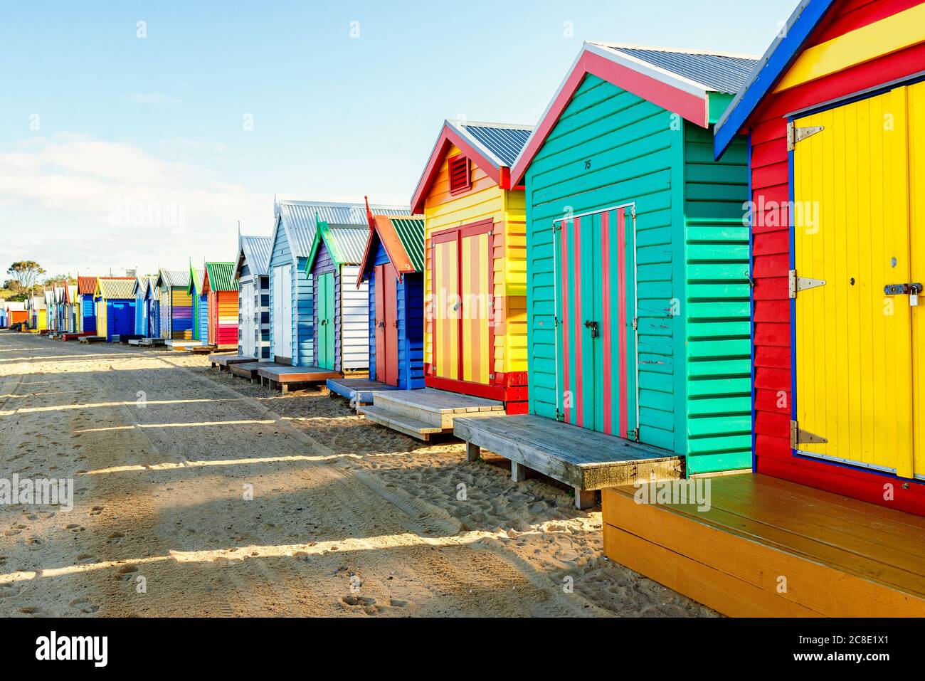 Cottages at Brighton Beach against sky, Melbourne, Australia Stock Photo