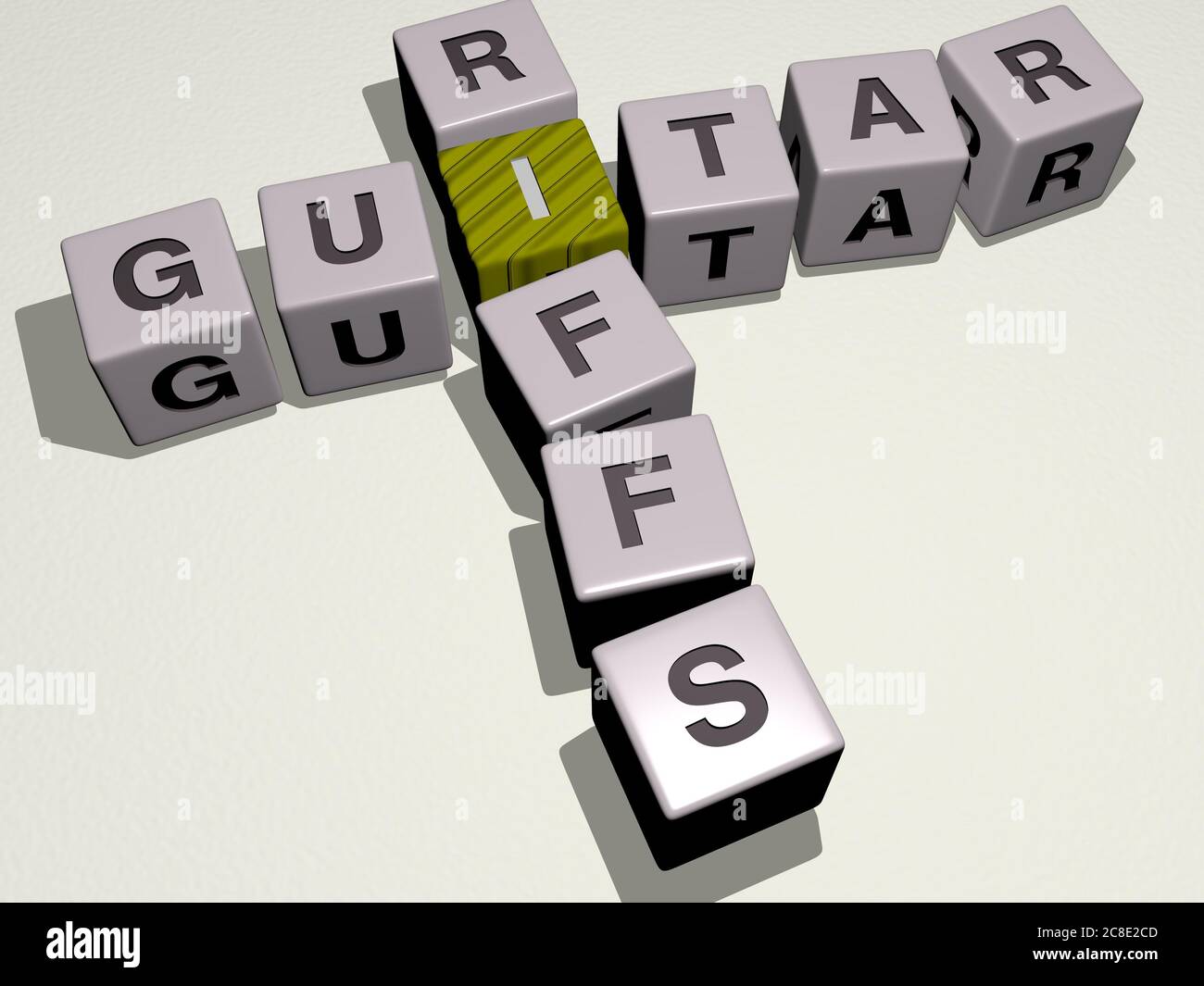 crosswords of music GUITAR RIFFS arranged by cubic letters on a mirror floor, concept meaning