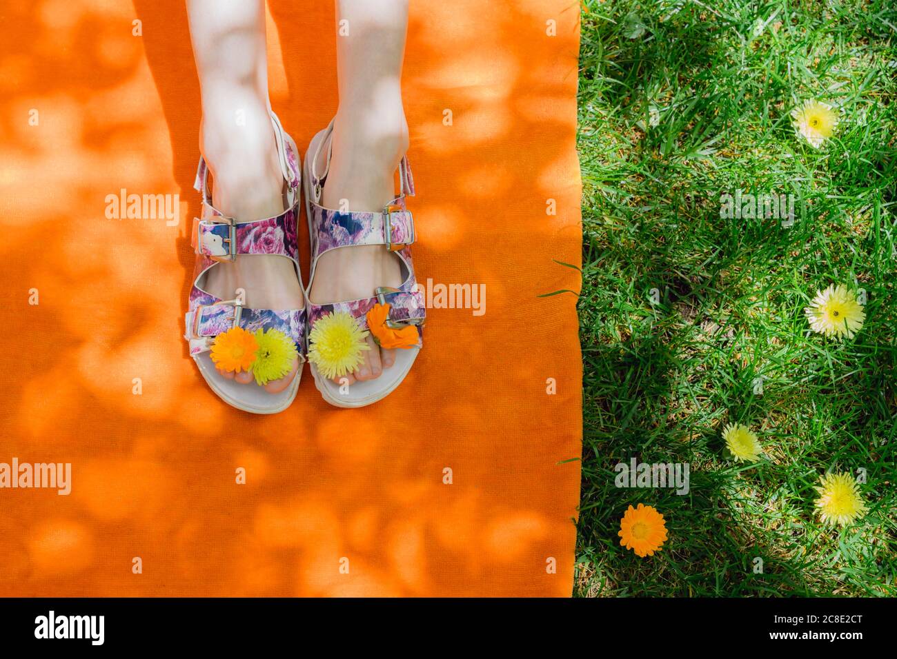 Flowers on feet of woman relaxing at back yard Stock Photo