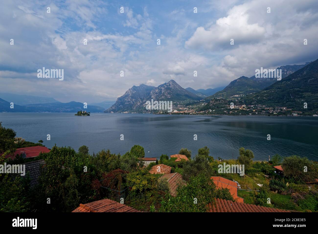 Italy, Lombardy, Monte Isola, Lake Iseo surrounded with mountains Stock Photo