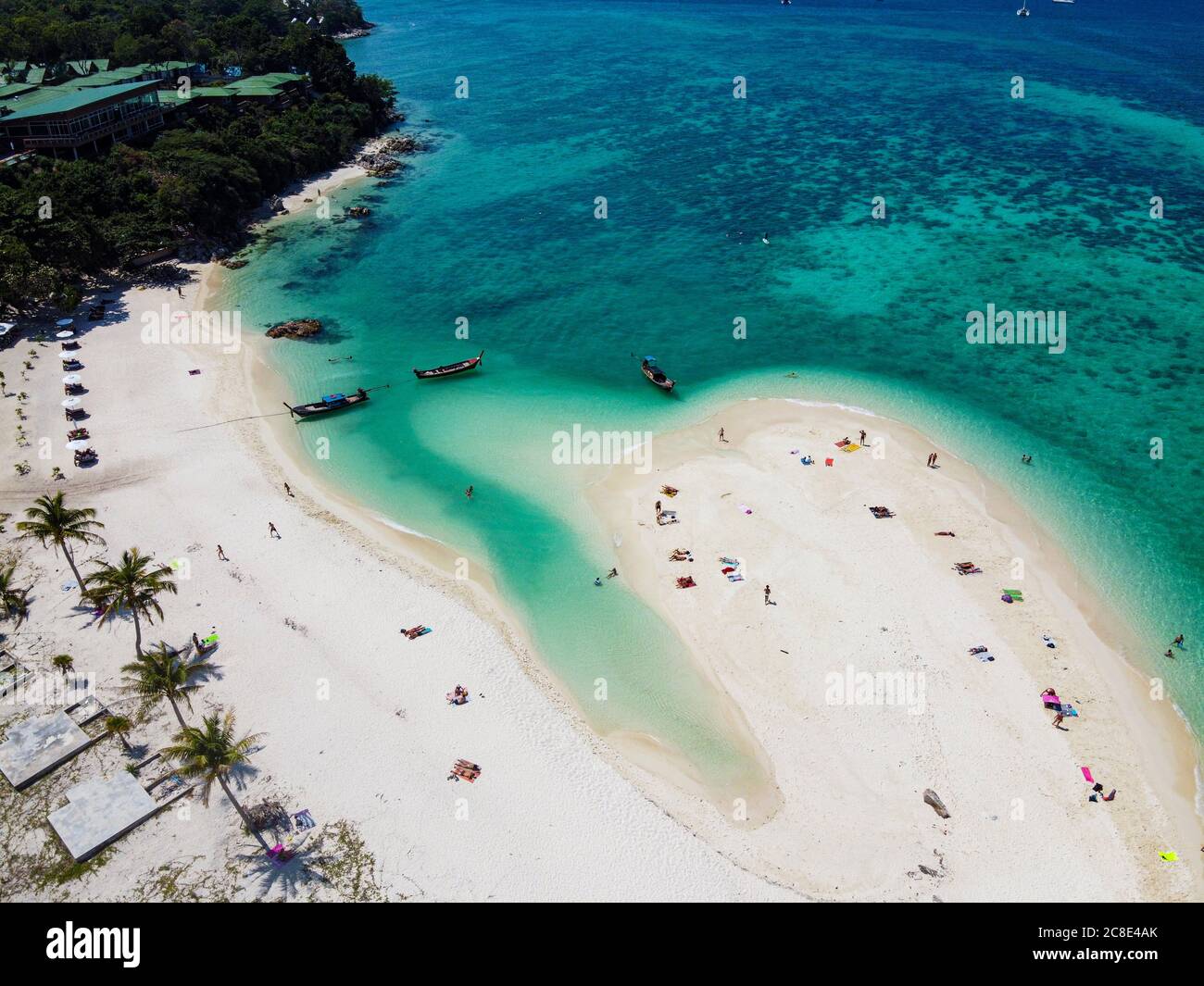 Thailand, Satun Province, Ko Lipe, Aerial view of people relaxing on North Point Beach in summer Stock Photo