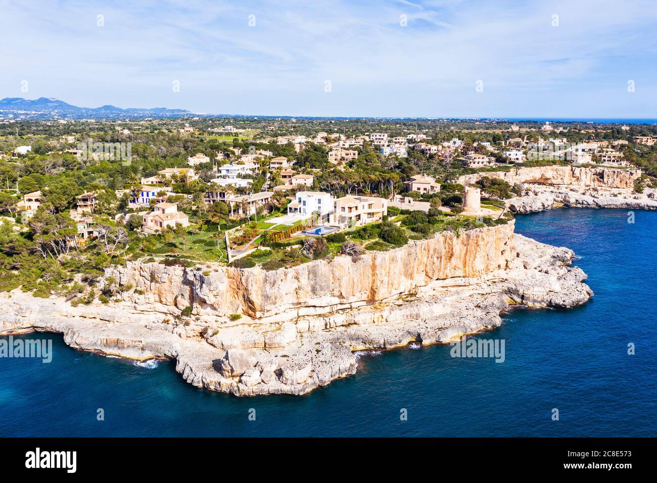 Spain, Mallorca, Santanyi, Drone view of coastal village in summer Stock Photo