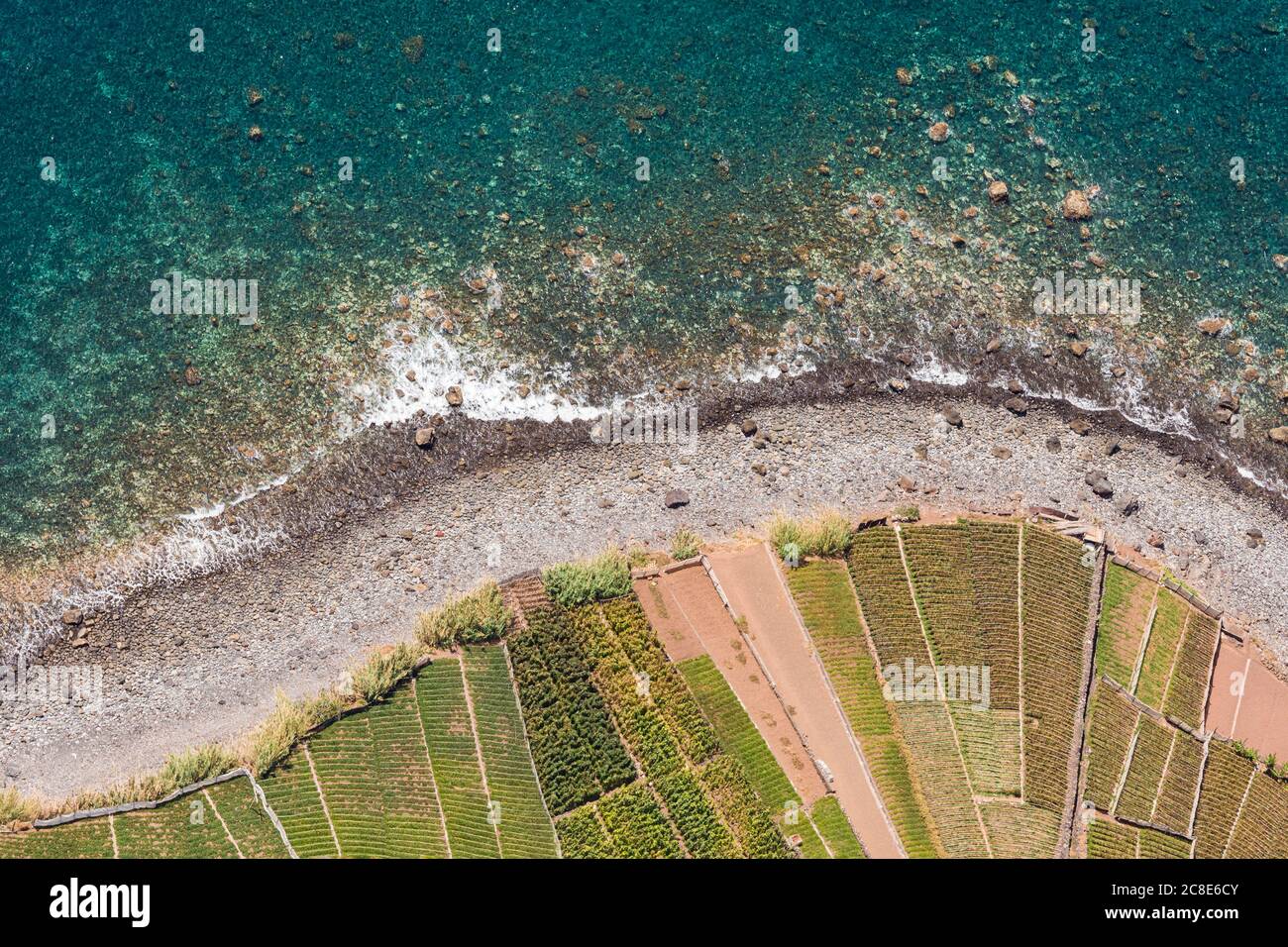 Portugal, Coastal beach and agricultural fields seen from top of Cabo Girao cliff Stock Photo