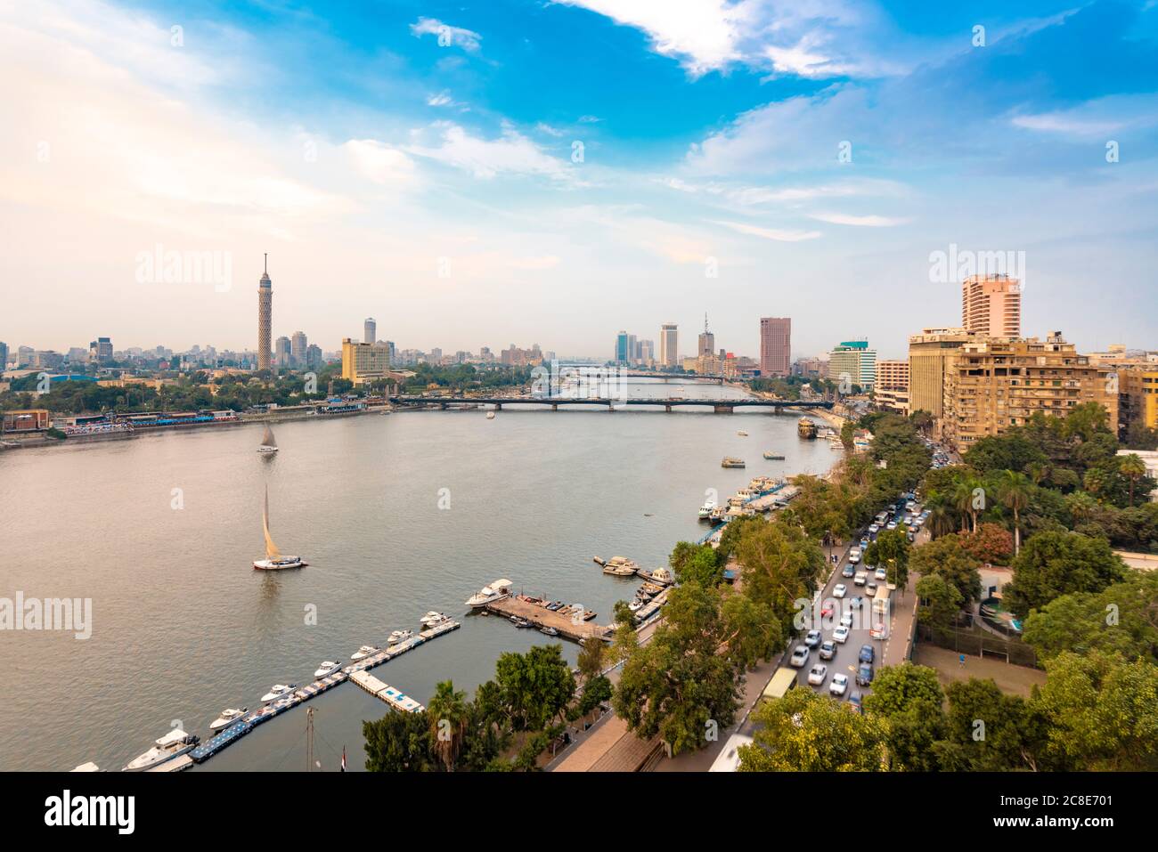 Nile with skyline and downtown area from garden city hires stock