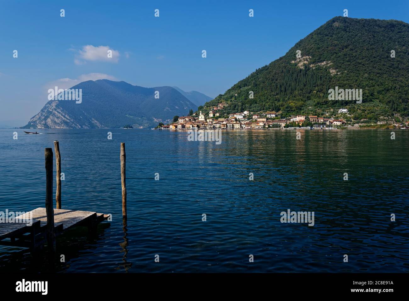 Italy, Lombardy, Monte Isola, Sulzano, Lake Iseo surrounded with mountains Stock Photo