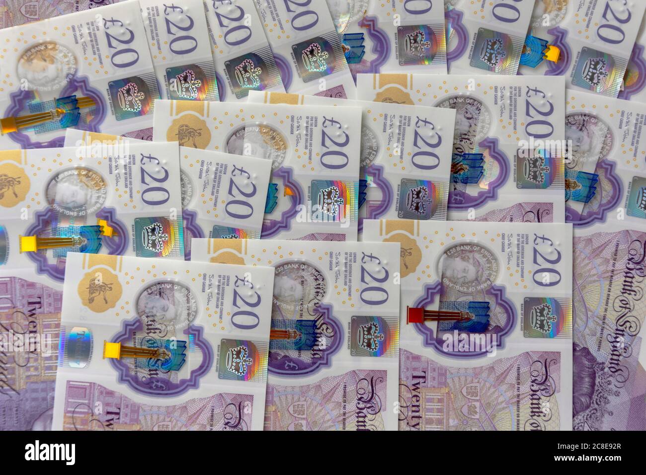 Close-up of new English £20 notes, Greater London, England, United Kingdom Stock Photo